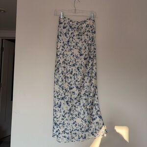 Zara Blue and White Floral Satin Effect Midi Skirt